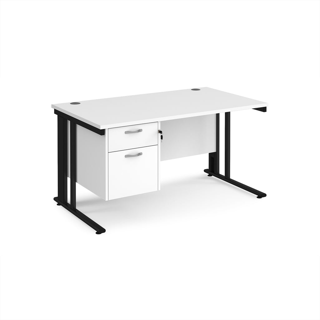 Office desk with white top and matching pedestal with black frame on a white background