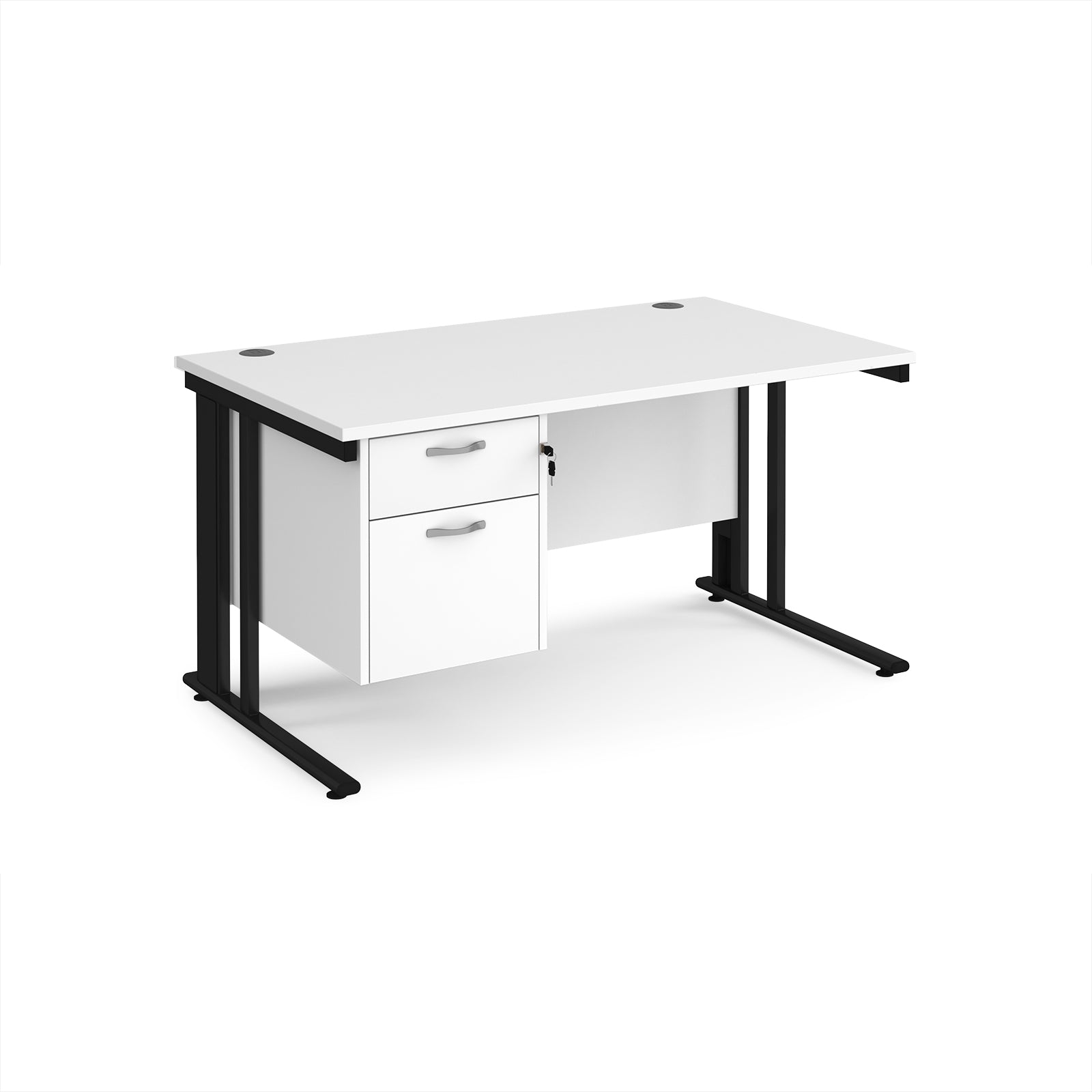 Office desk with white top and matching pedestal with black frame on a white background