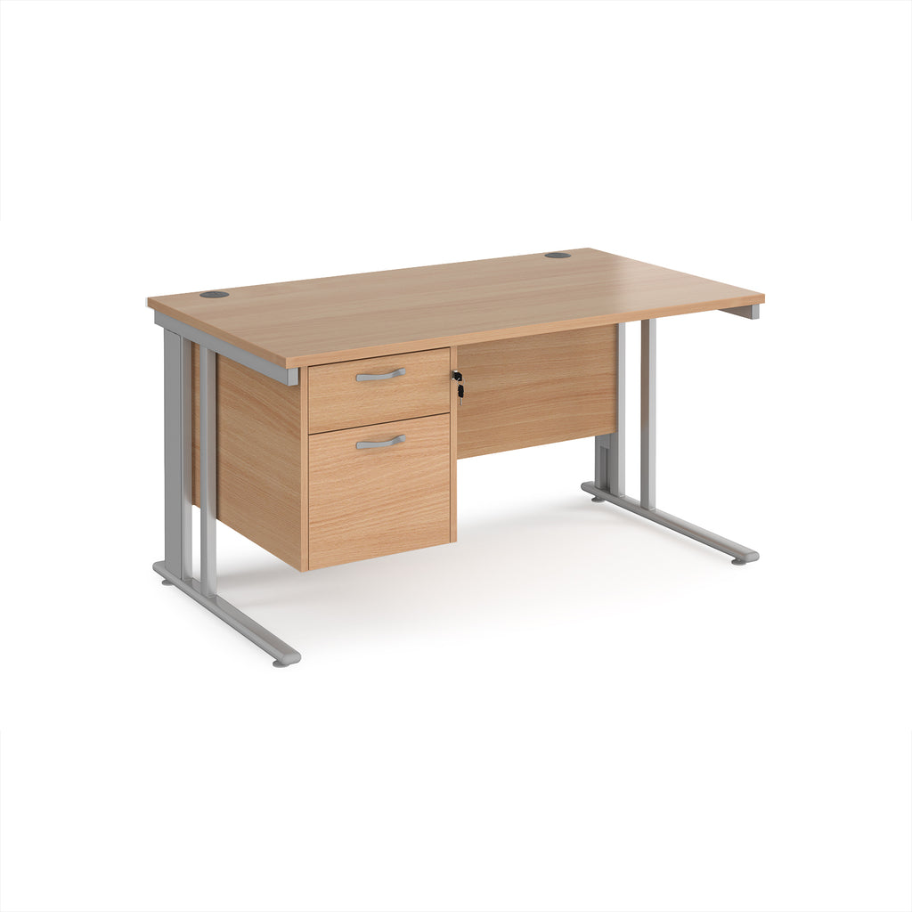 Office desk with wood-effect top and matching pedestal with silver frame on a white background