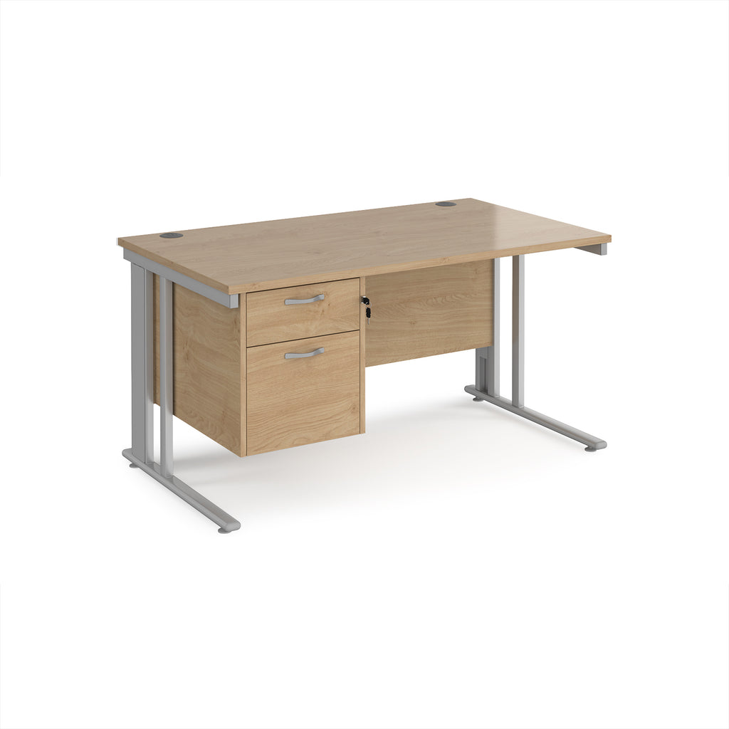 Office desk with wood-effect top and matching pedestal with silver frame on a white background