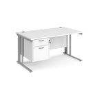 Office desk with white top and matching pedestal with silver frame on a white background