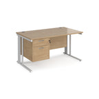 Office desk with wood-effect top and matching pedestal with white frame on a white background