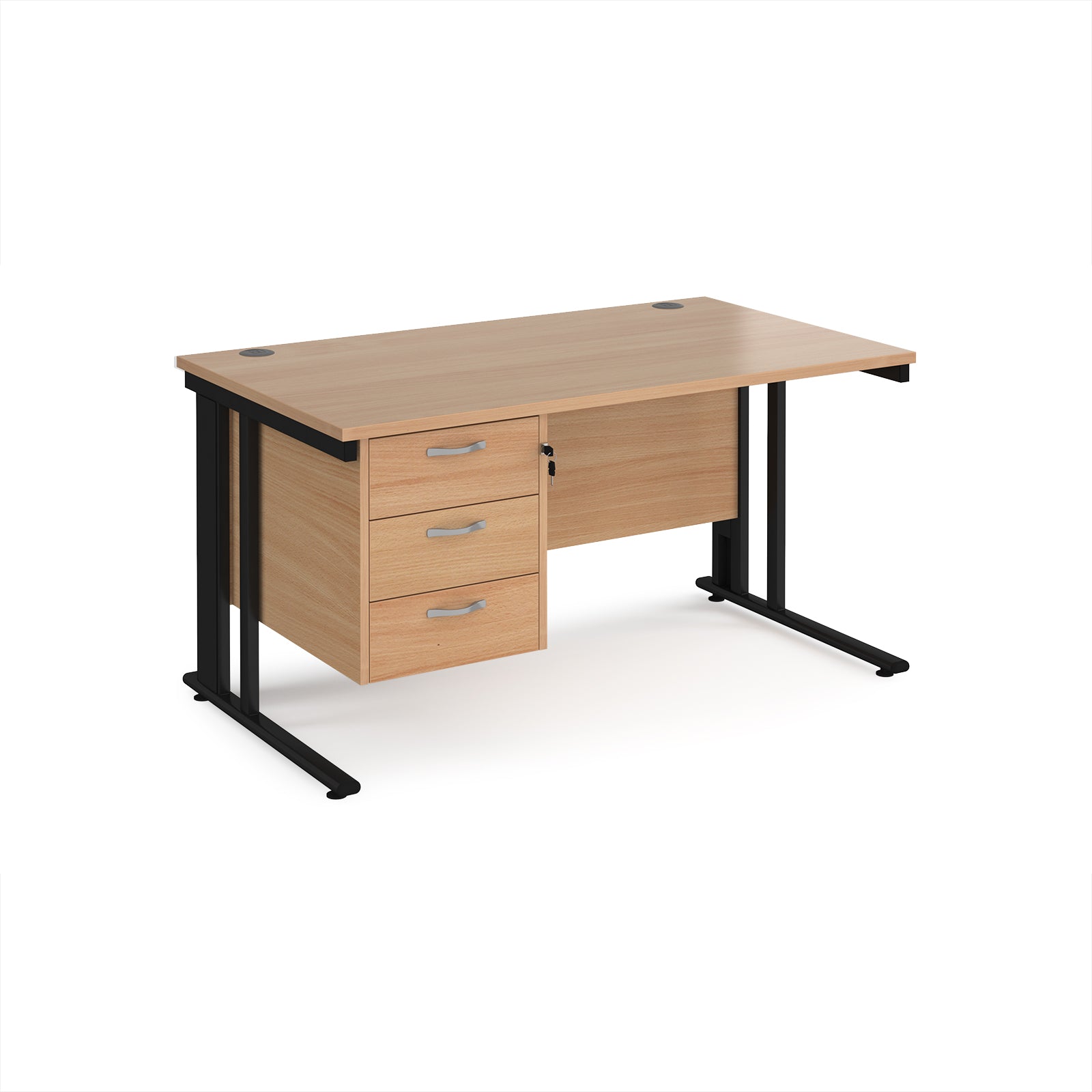 Office desk with wood-effect top and matching pedestal with black frame on a white background