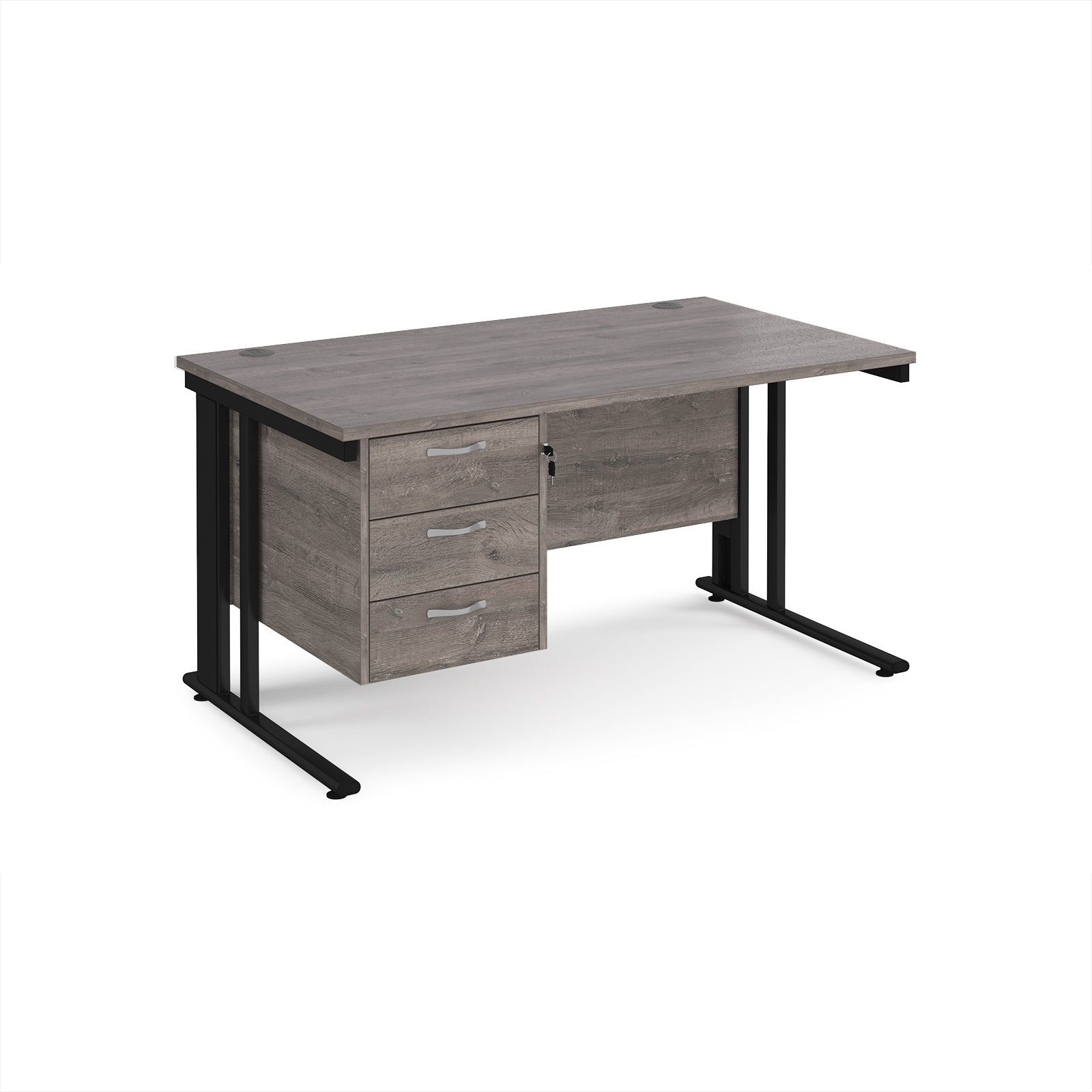 Office desk with grey wood-effect top and matching pedestal with black frame on a white background