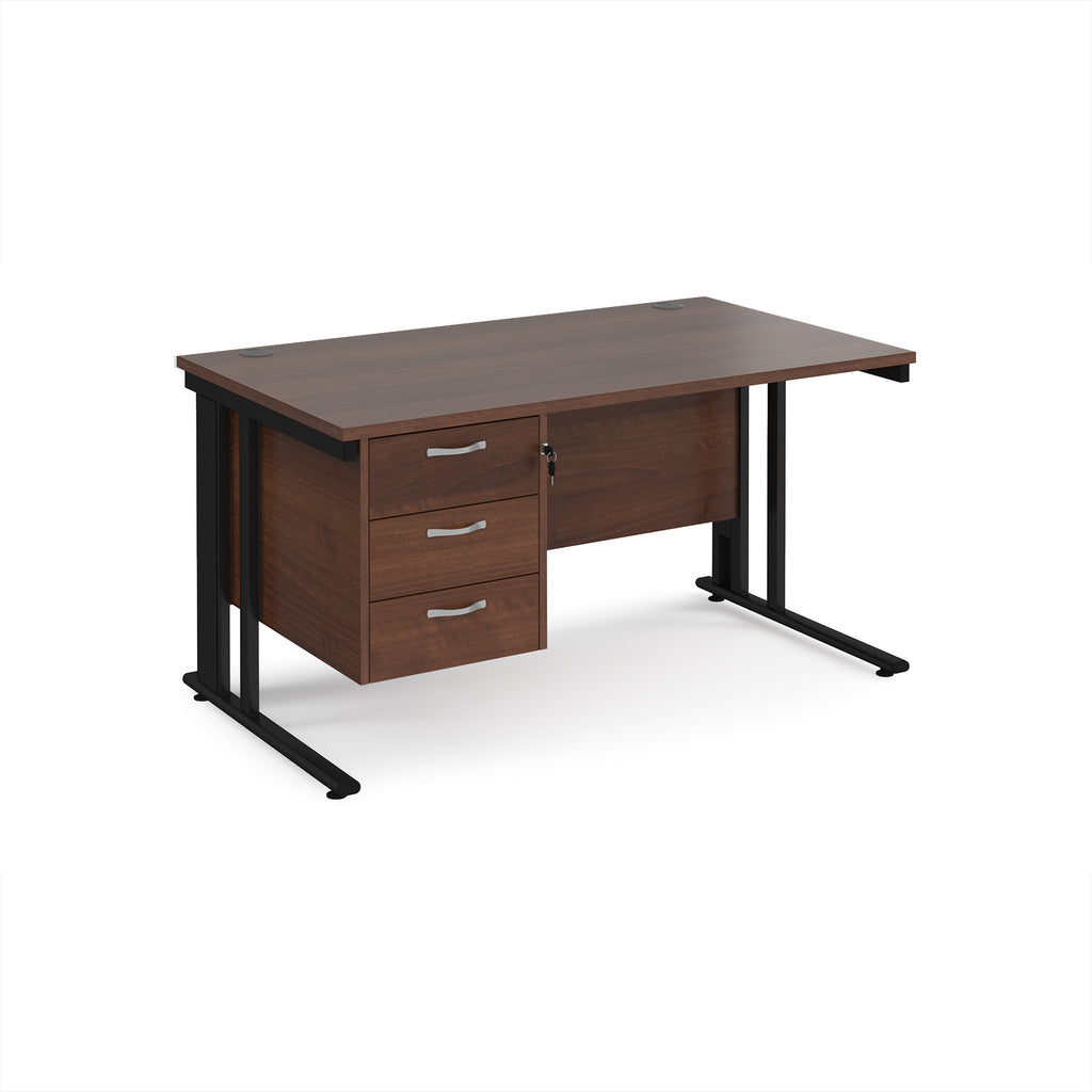 Office desk with wood-effect top and matching pedestal with black frame on a white background