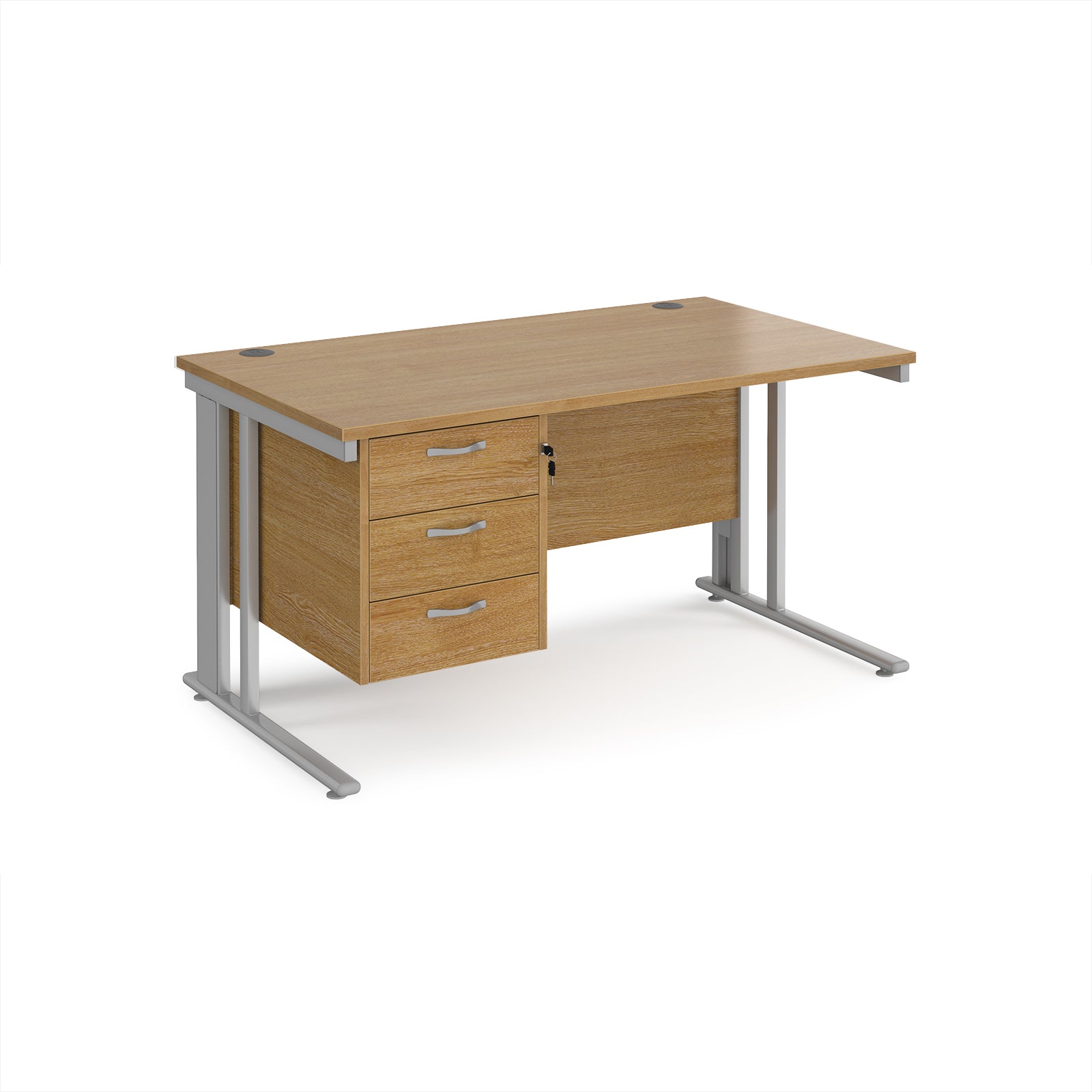 Office desk with wood-effect top and matching pedestal with silver frame on a white background