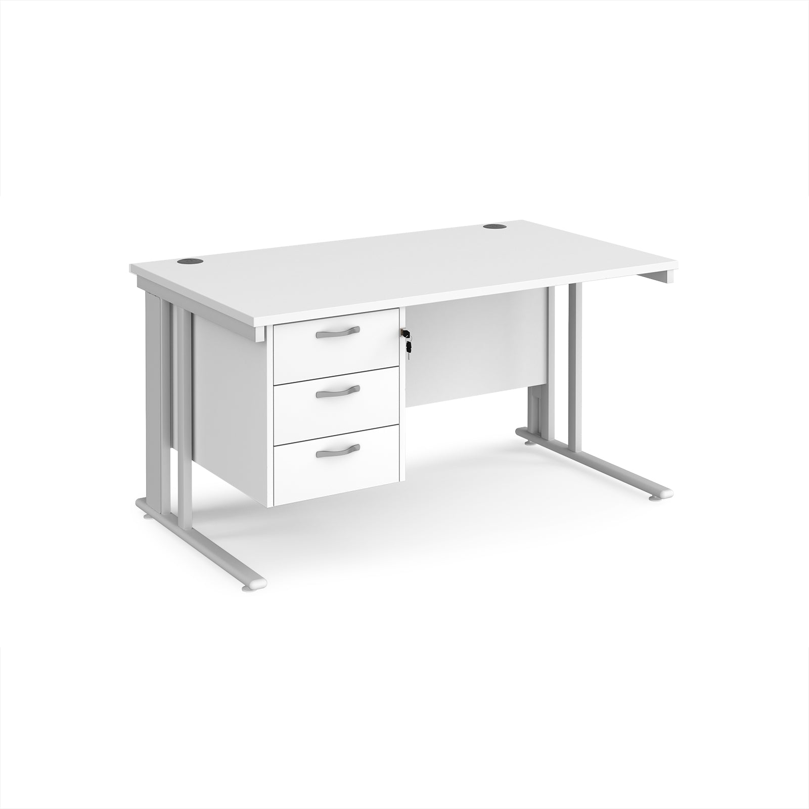 White office desk with pedestal and metal frame on a white background