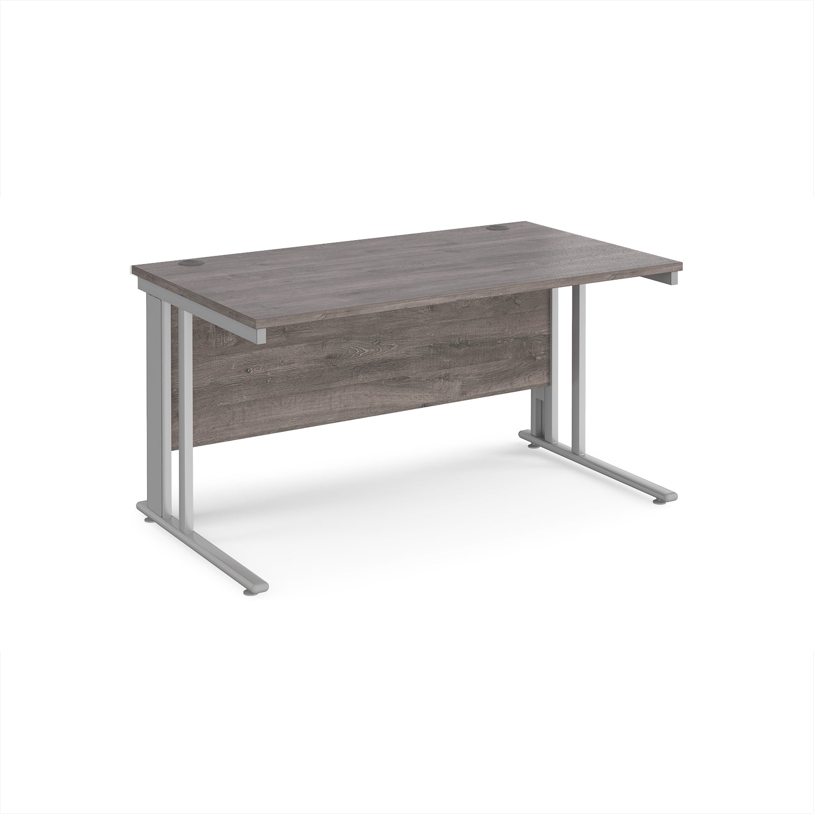Office desk with grey wood-effect top and silver metal legs on a white background