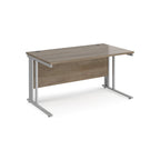 Office desk with wood-effect top and silver metal legs on a white background