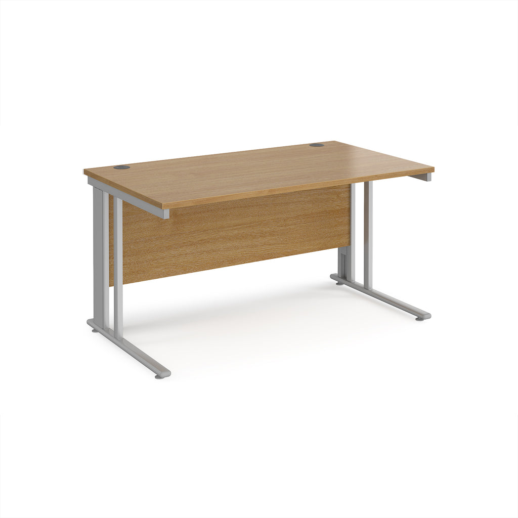 Office desk with wood-effect top and silver metal legs on a white background