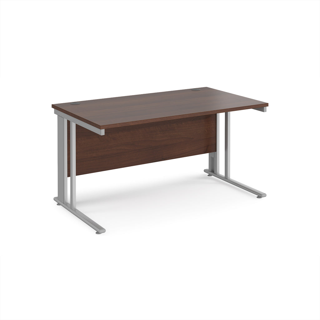 Office desk with wood-effect top and silver metal legs on a white background