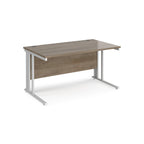 Office desk with wood-effect top and white metal legs on a white background