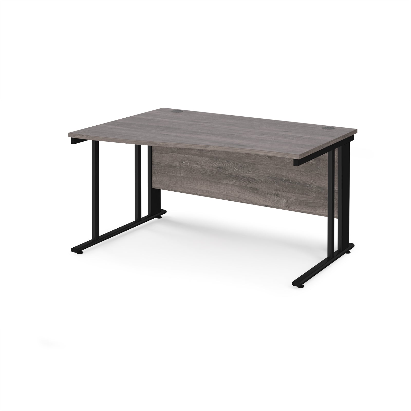 Wave desk with grey wood-effect top and black metal frame on a white background