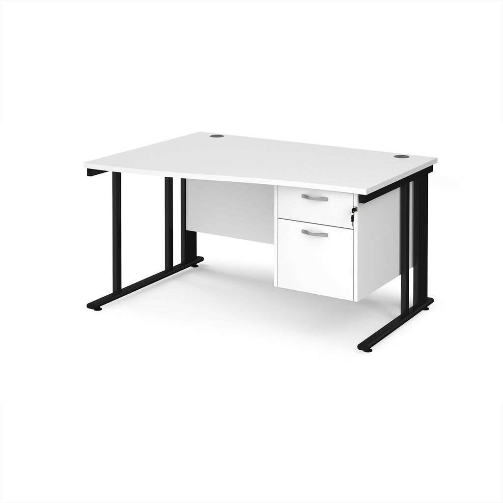 Wave desk with white top and matching pedestal with black frame on a white background