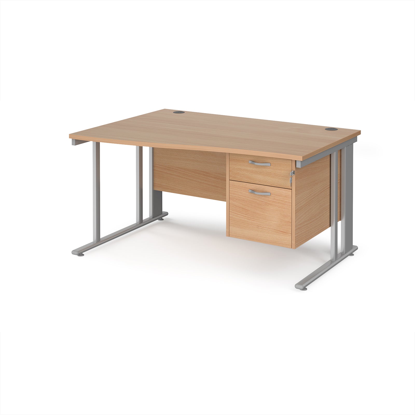 Wave desk with wood-effect top and matching pedestal with silver frame on a white background