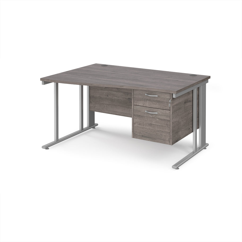 Wave desk with grey wood-effect top and matching pedestal with silver frame on a white background