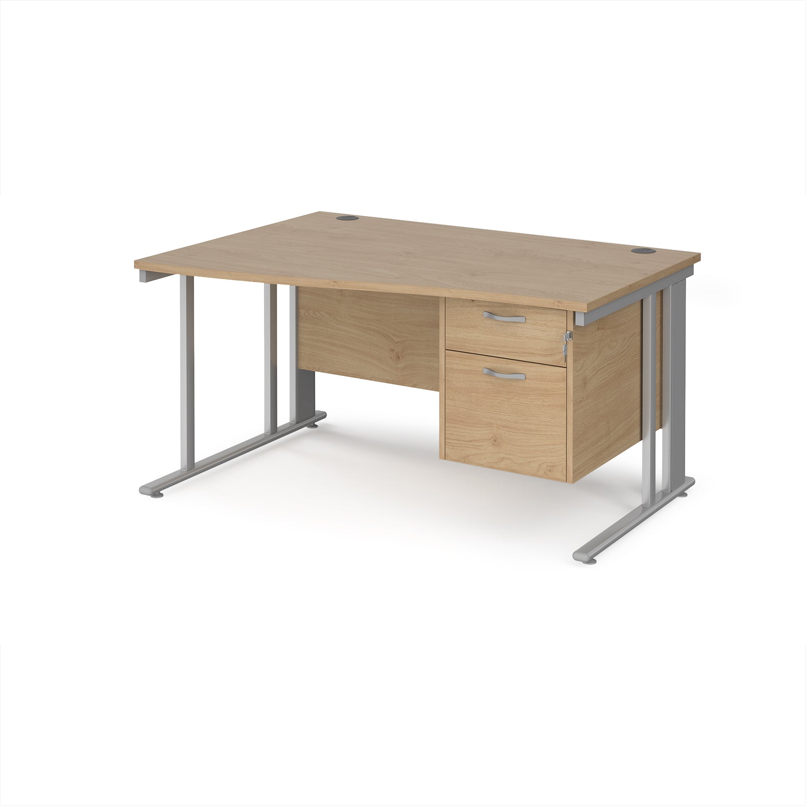 Wave desk with wood-effect top and matching pedestal with silver frame on a white background