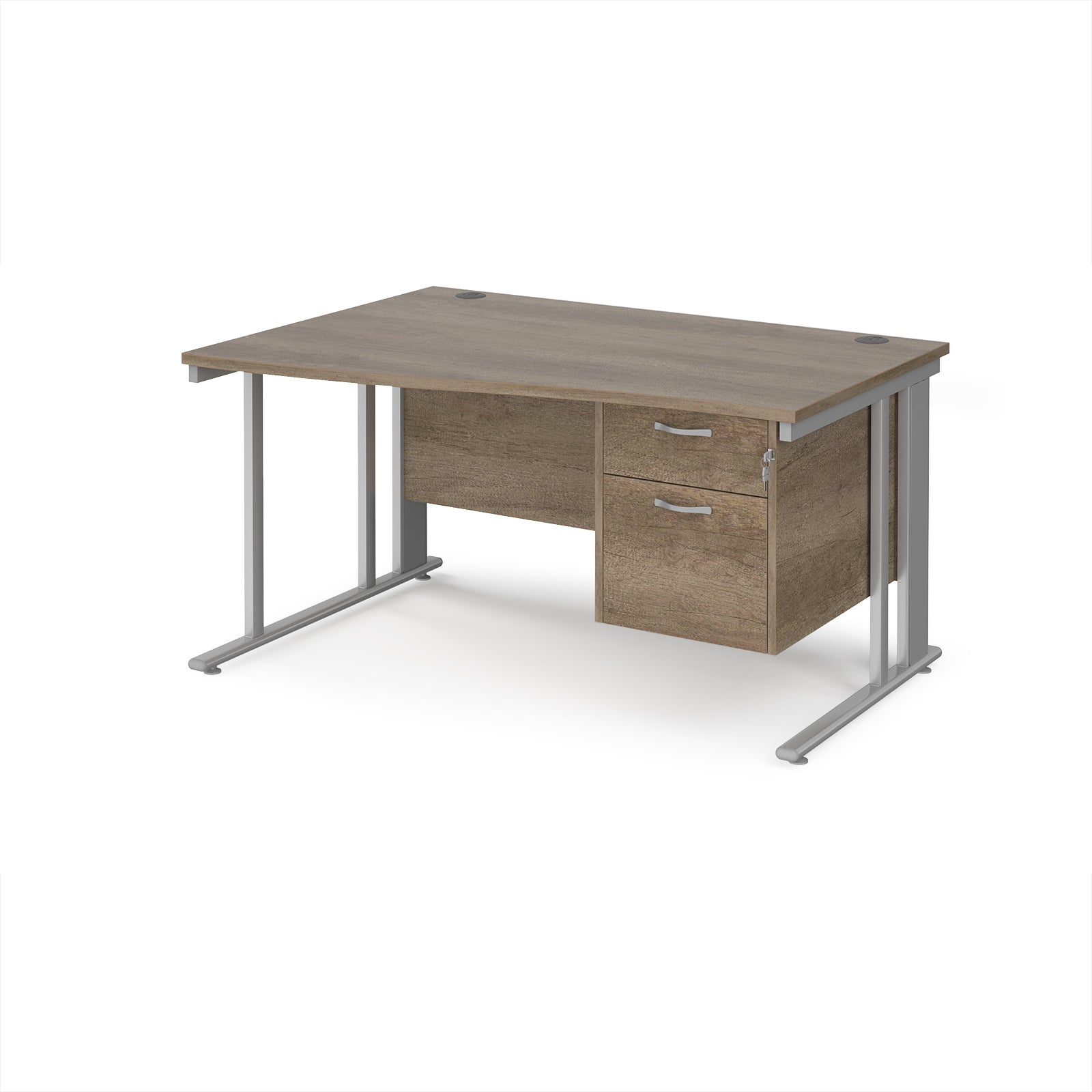 Wave desk with wood-effect top and matching pedestal with silver frame on a white background