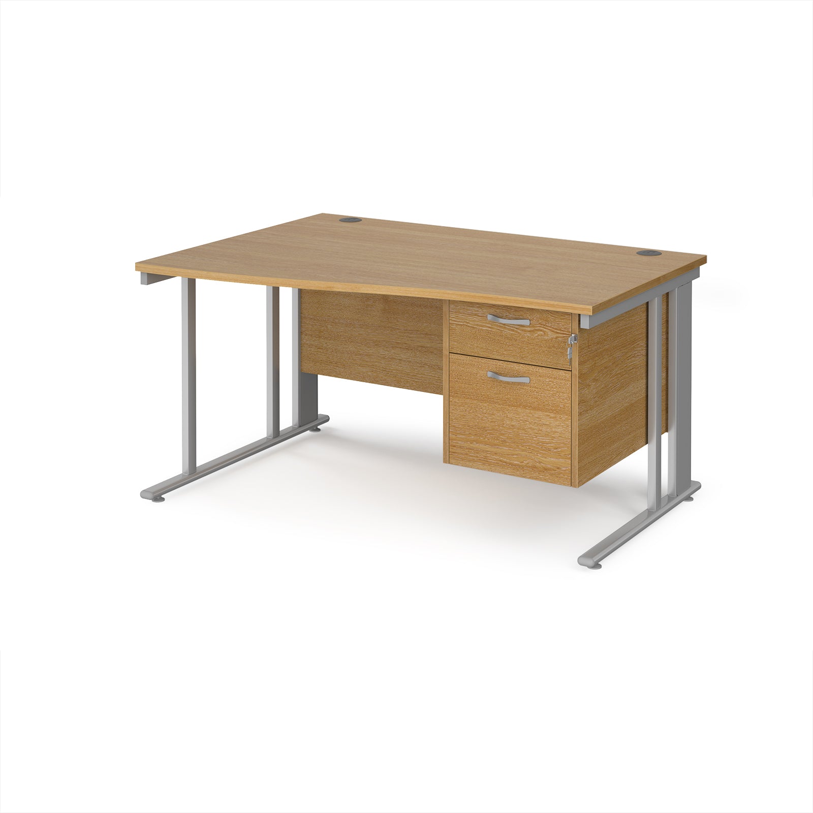 Wave desk with wood-effect top and matching pedestal with silver frame on a white background