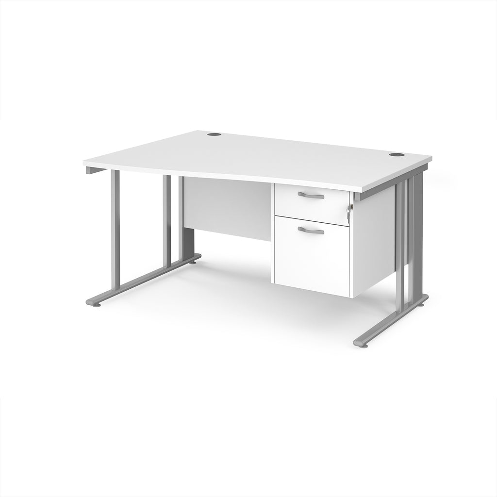 Wave desk with white top and matching pedestal with silver frame on a white background