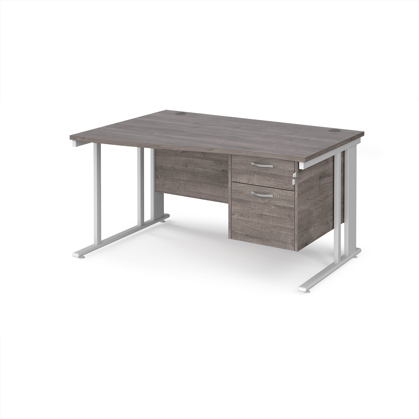 Wave desk with grey wood-effect top and matching pedestal with white frame on a white background