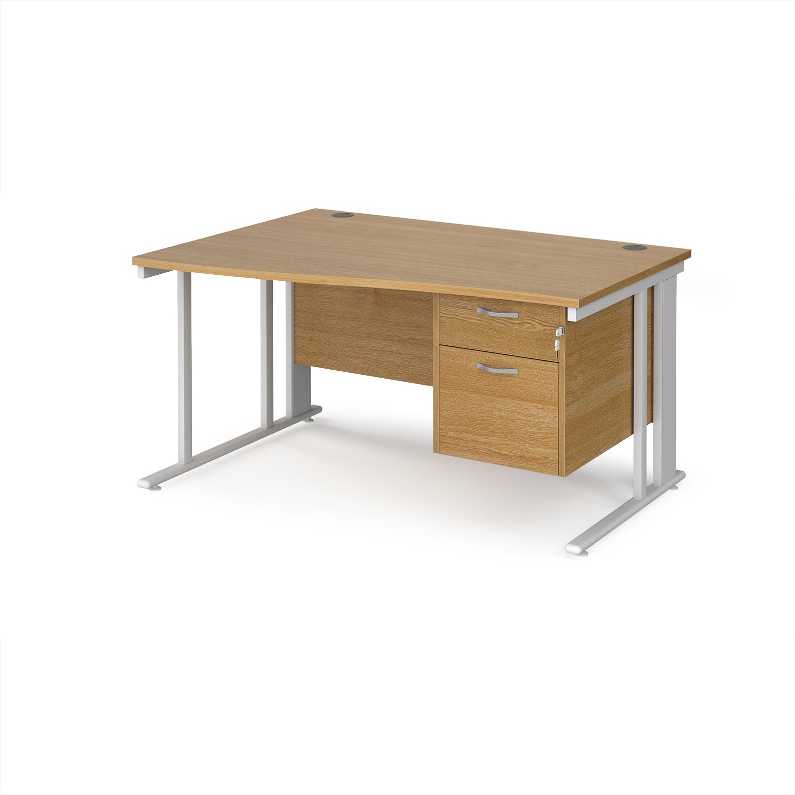Wave desk with wood-effect top and matching pedestal with white frame on a white background