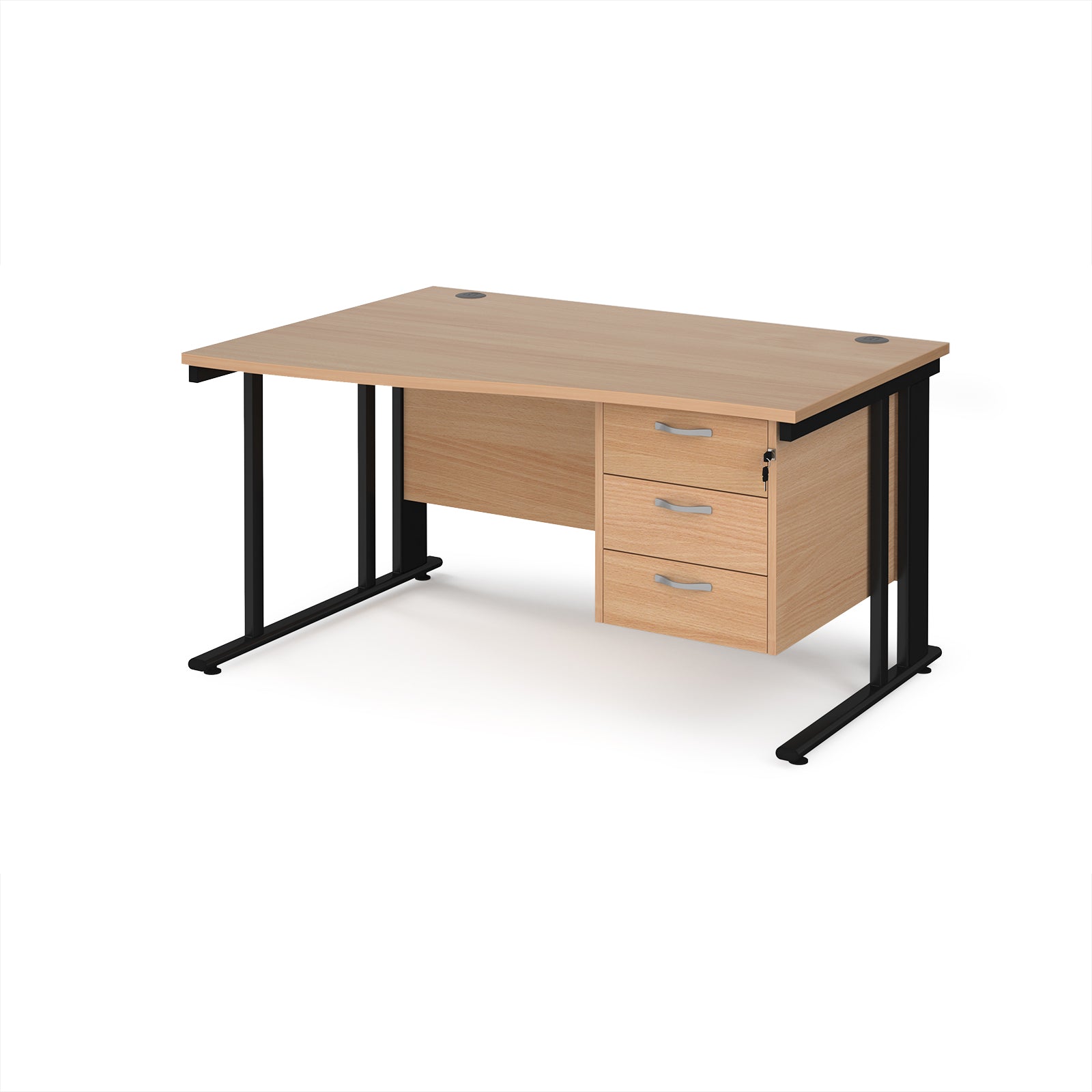 Wave desk with wood-effect top and matching pedestal with black frame on a white background
