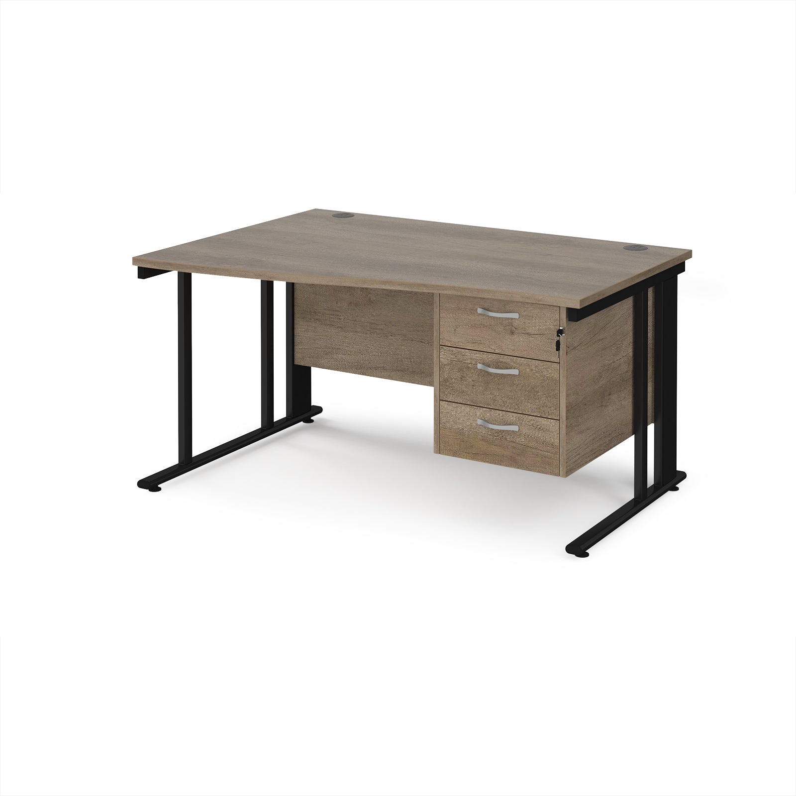 Wave desk with wood-effect top and matching pedestal with black frame on a white background