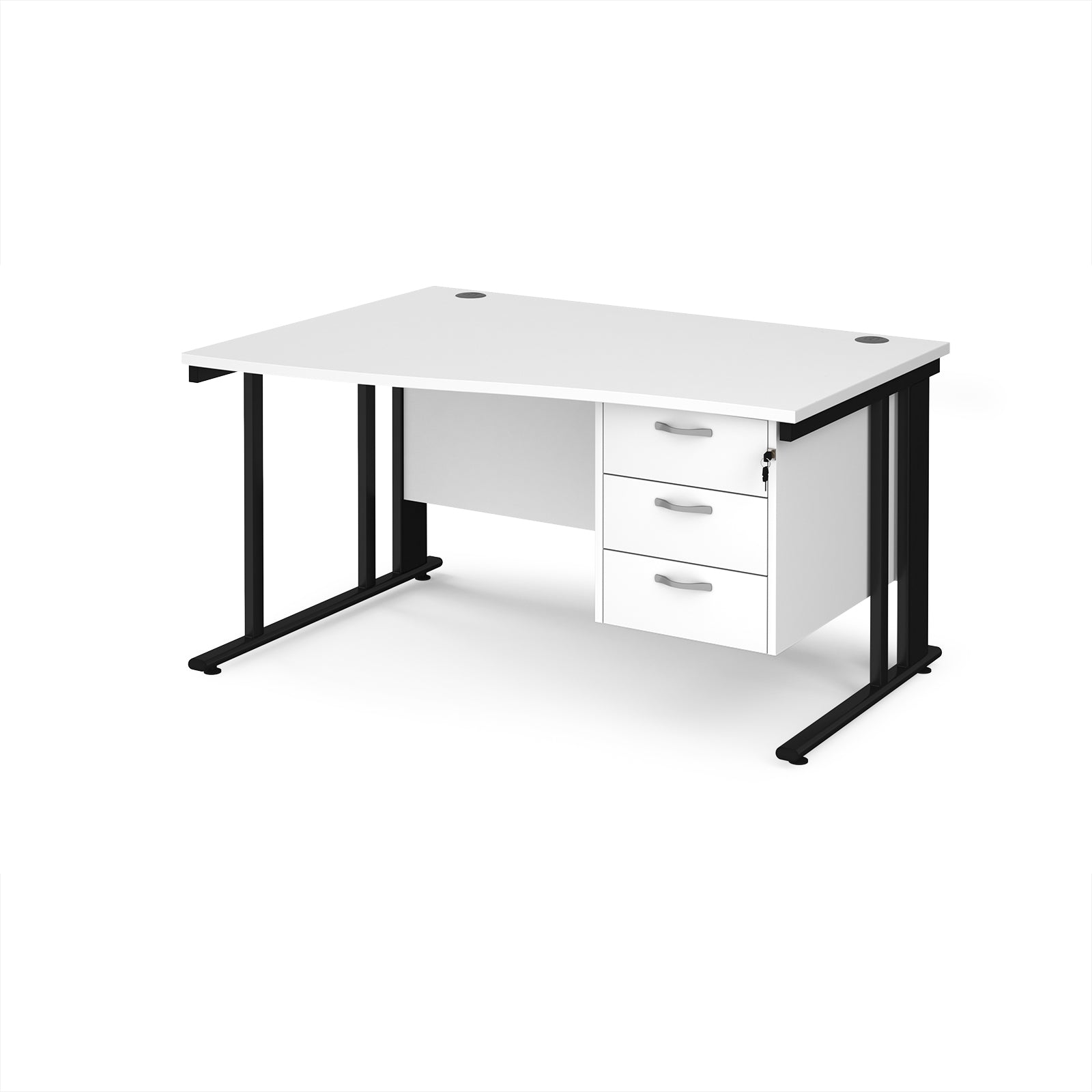 Wave desk with white top and matching pedestal with black frame on a white background