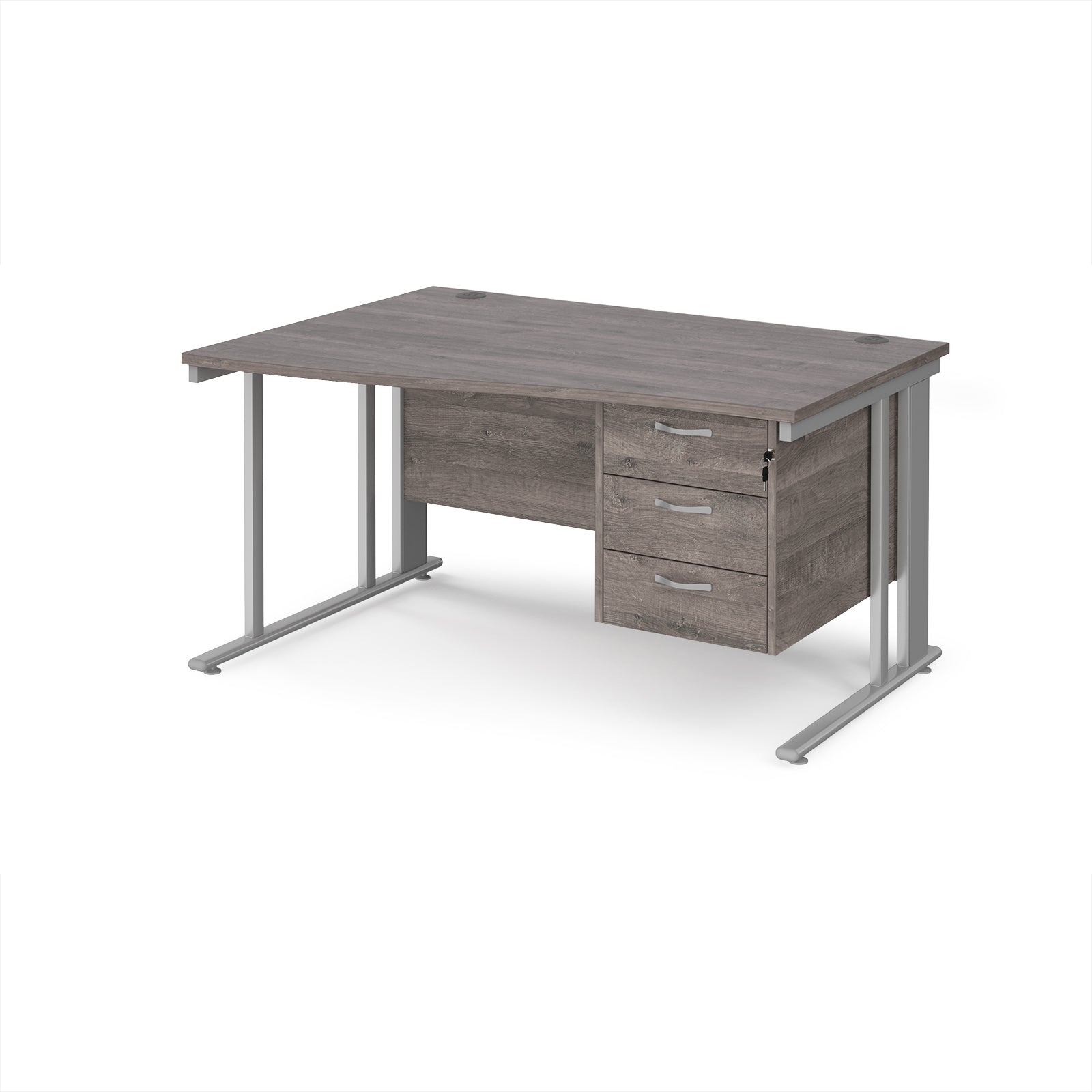 Wave desk with grey wood-effect top and matching pedestal with silver frame on a white background