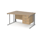 Wave desk with wood-effect top and matching pedestal with silver frame on a white background