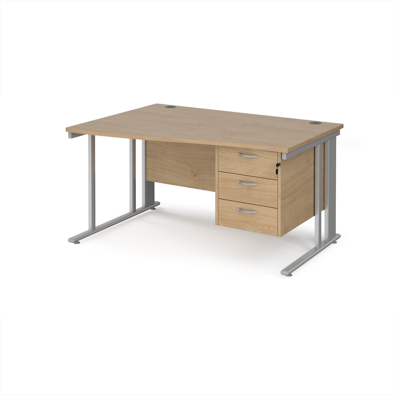 Wave desk with wood-effect top and matching pedestal with silver frame on a white background