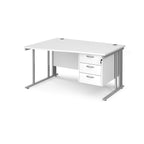Wave desk with white top and matching pedestal with silver frame on a white background