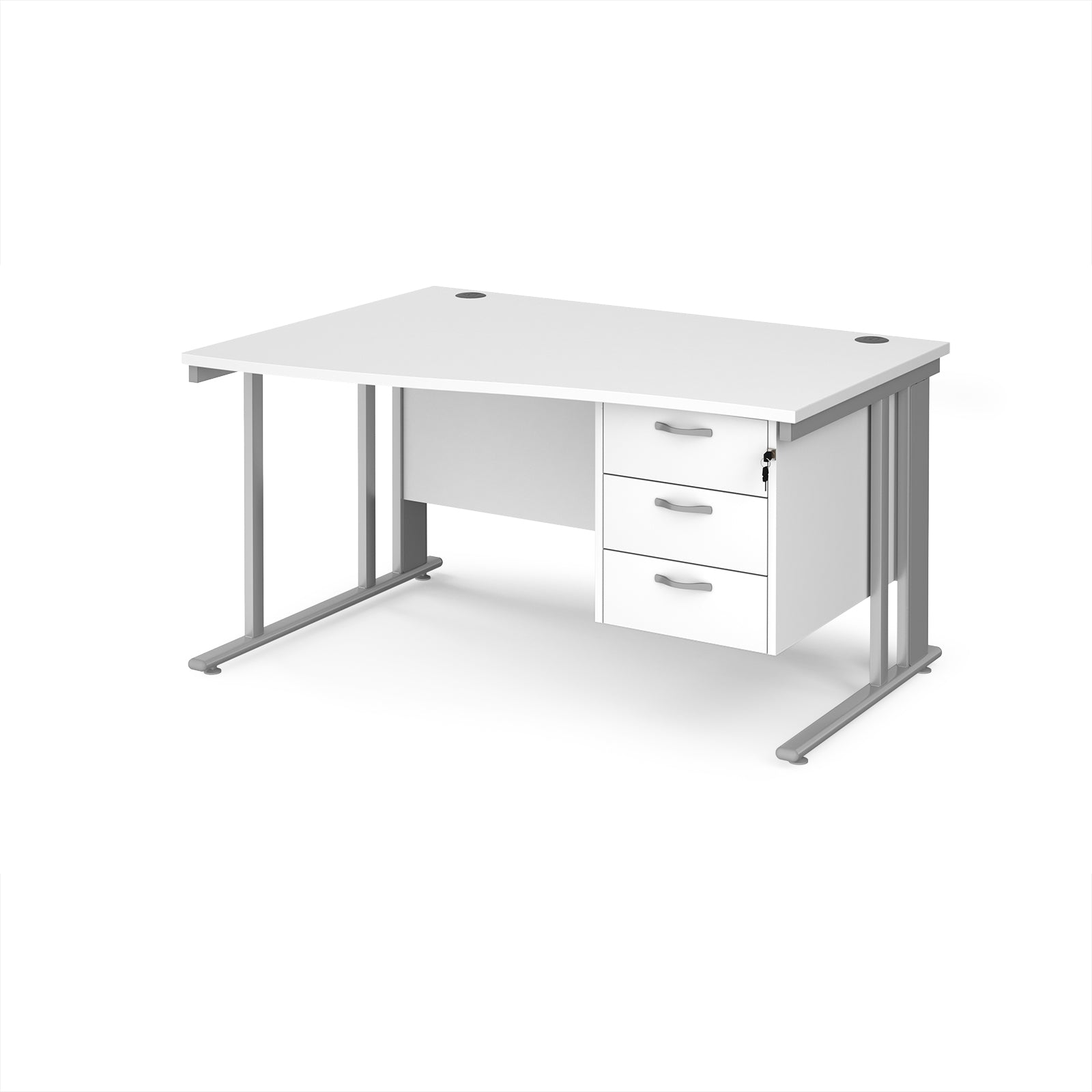 Wave desk with white top and matching pedestal with silver frame on a white background