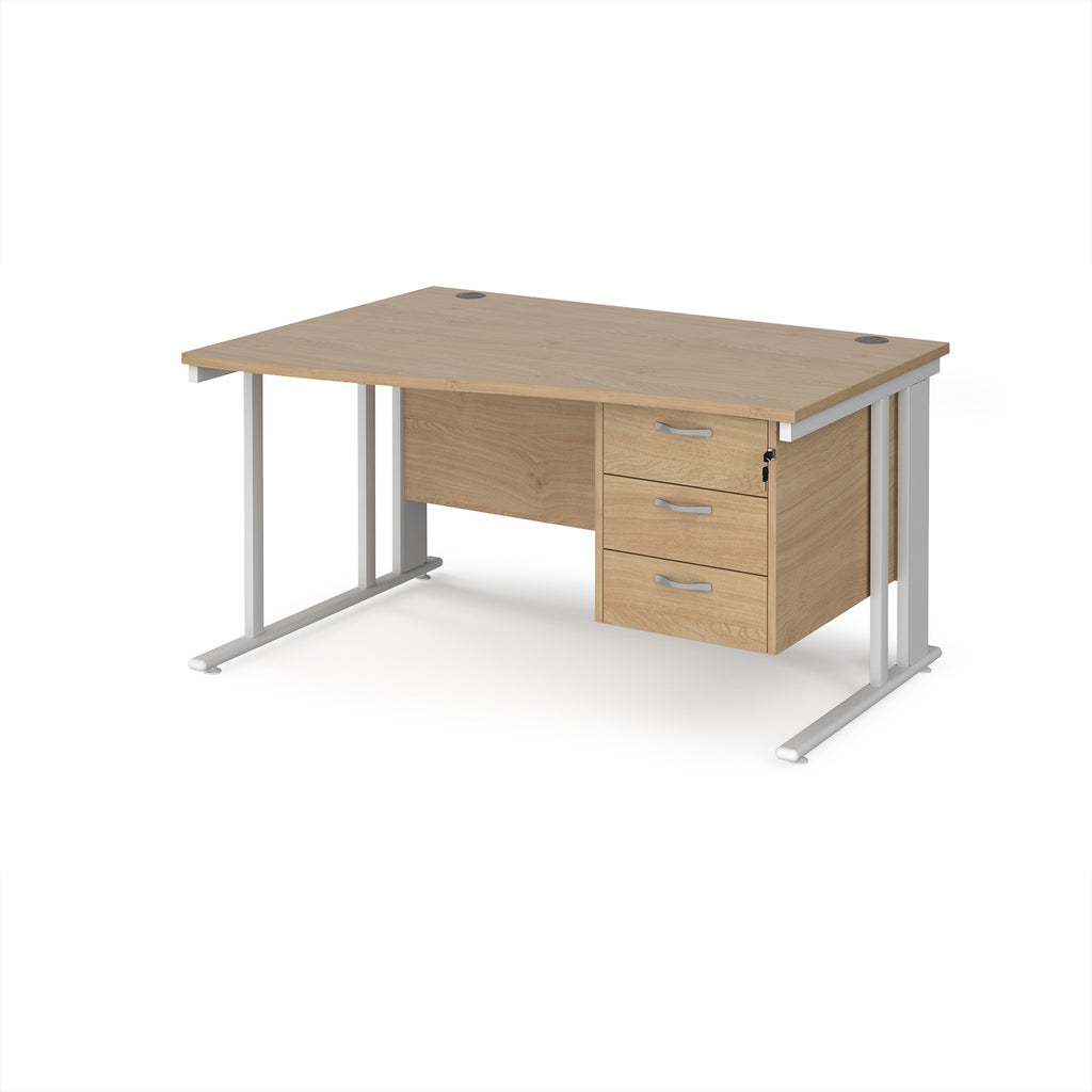 Wave desk with wood-effect top and matching pedestal with white frame on a white background