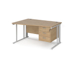 Wave desk with wood-effect top and matching pedestal with white frame on a white background