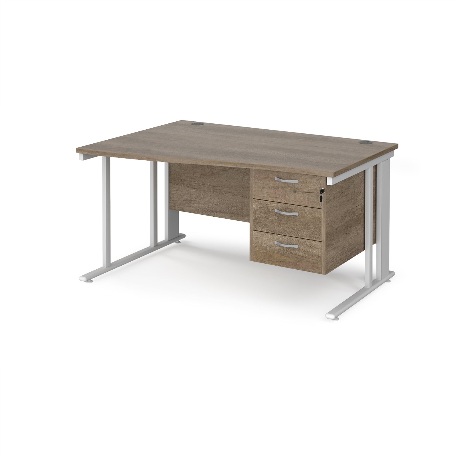 Wave desk with wood-effect top and matching pedestal with white frame on a white background