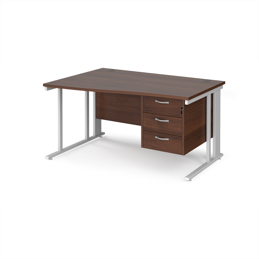 Wave desk with wood-effect top and matching pedestal with white frame on a white background