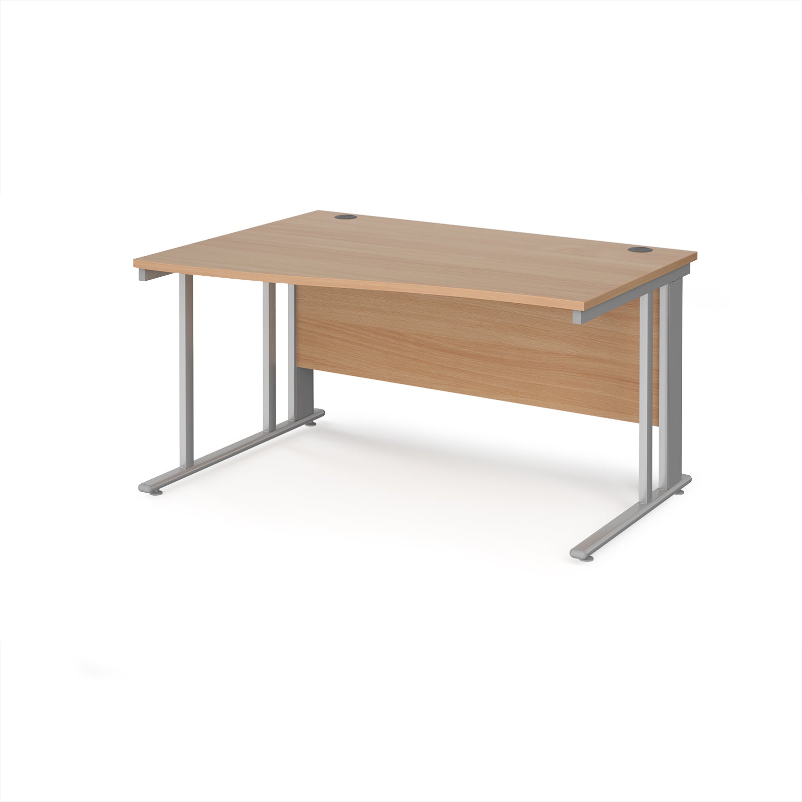 Wave desk with wood-effect top and silver metal frame on a white background