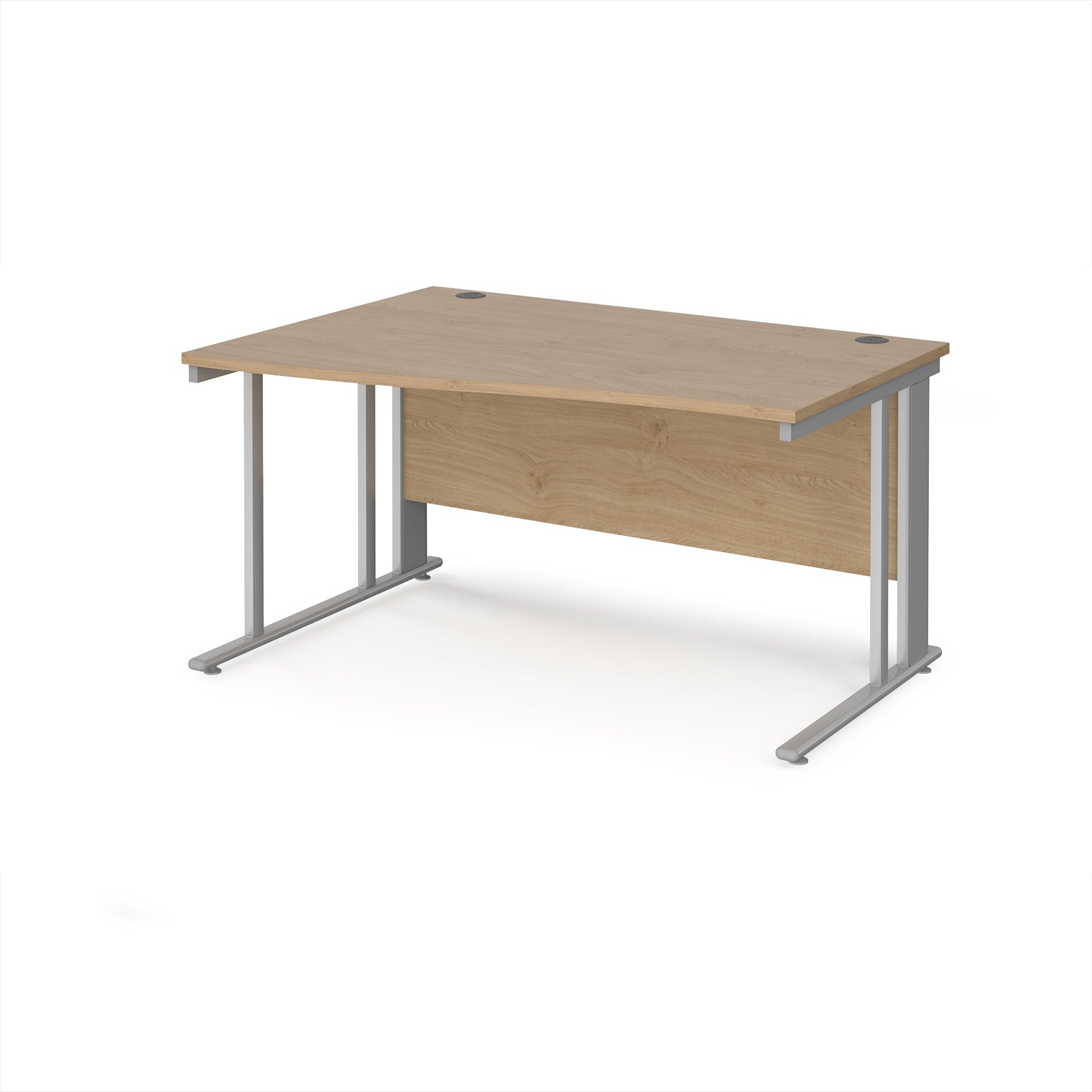 Wave desk with wood-effect top and silver metal frame on a white background
