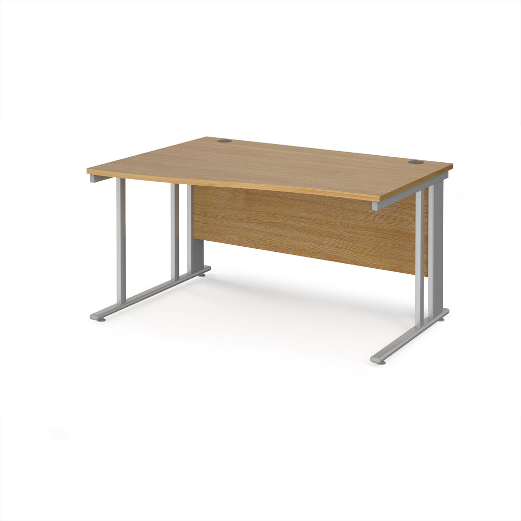 Wave desk with wood-effect top and silver metal frame on a white background