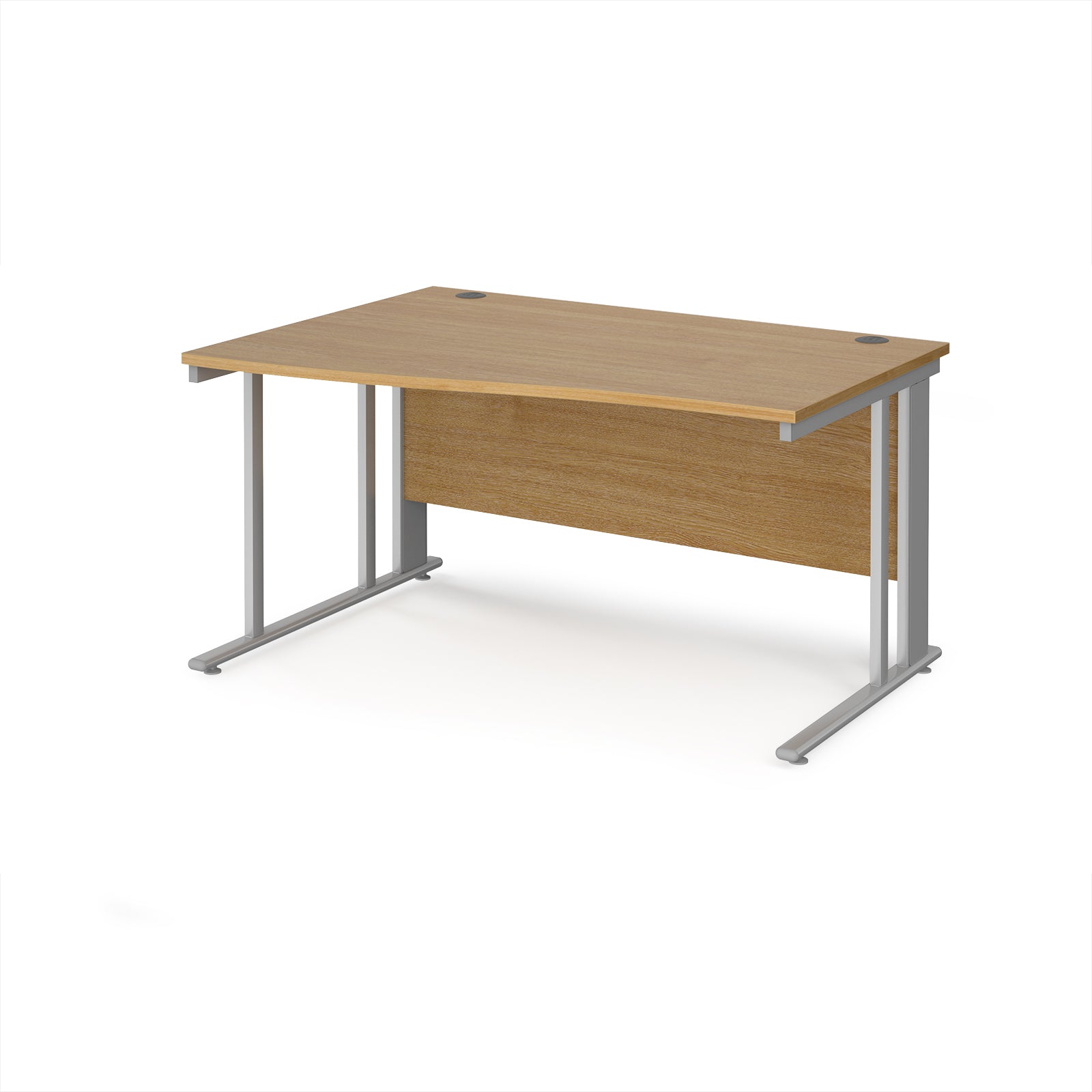 Wave desk with wood-effect top and silver metal frame on a white background
