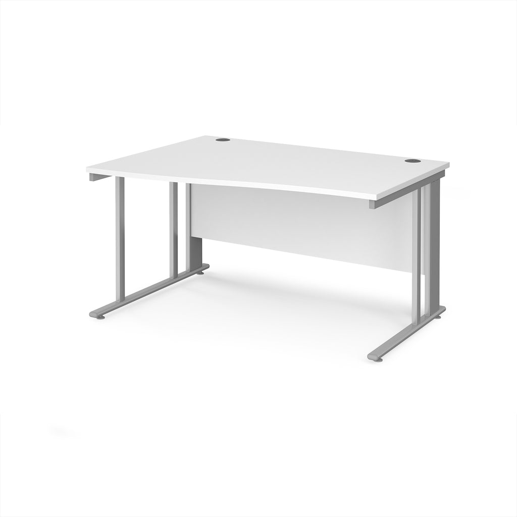 Wave desk with white top and silver metal frame on a white background