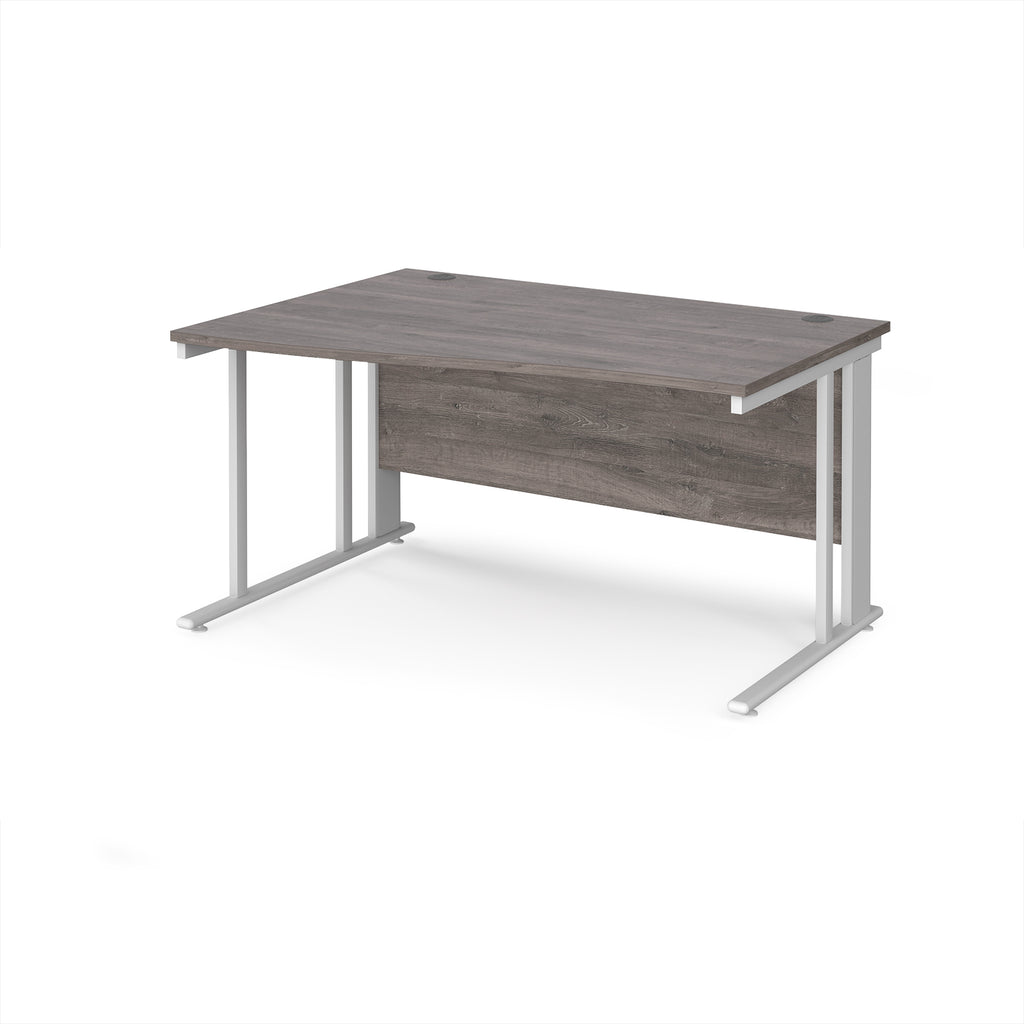 Wave desk with grey wood-effect top and white metal frame on a white background