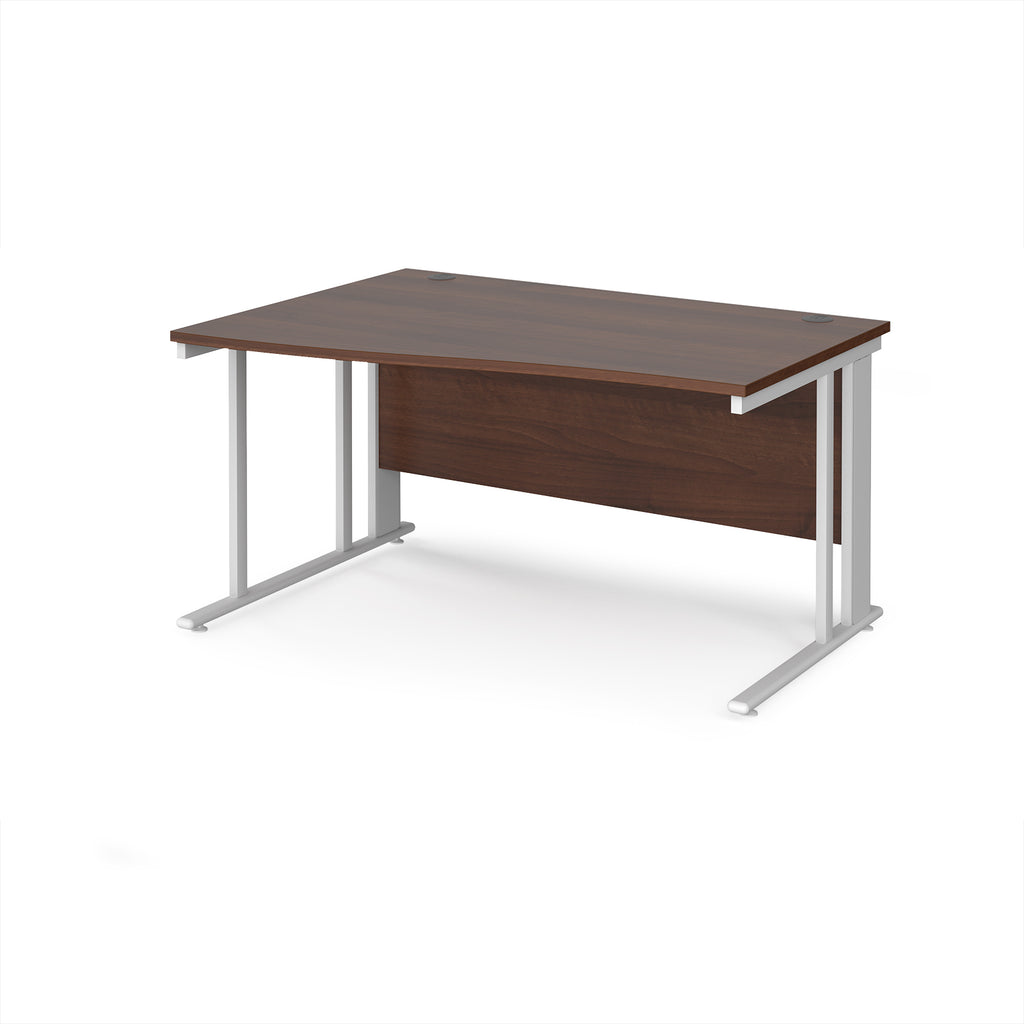 Wave desk with wood-effect top and white metal frame on a white background