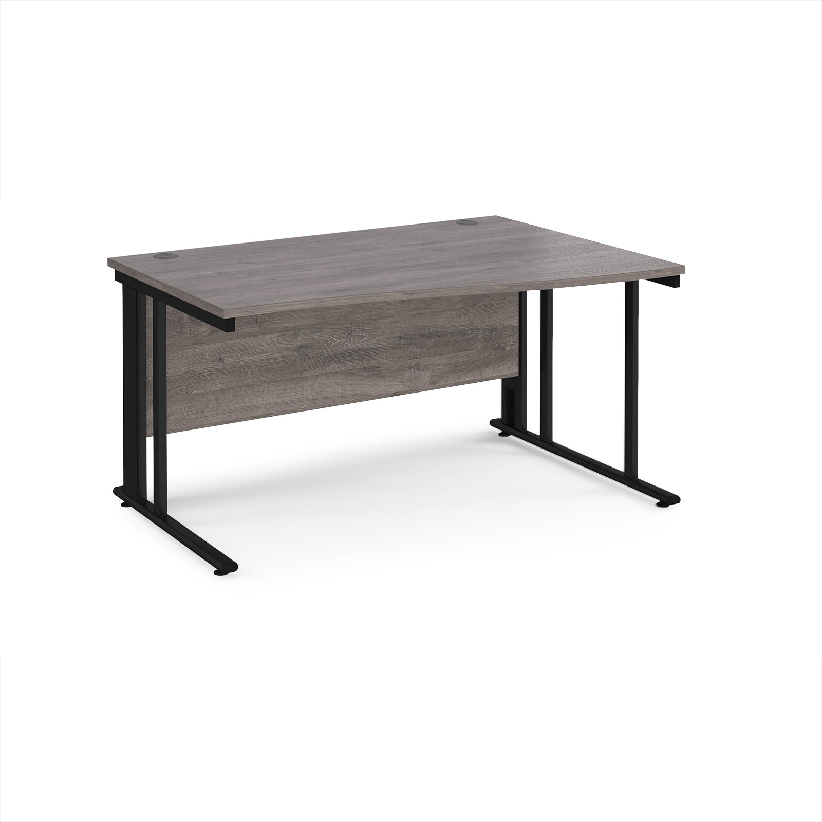 Wave desk with grey wood-effect top and black metal frame on a white background