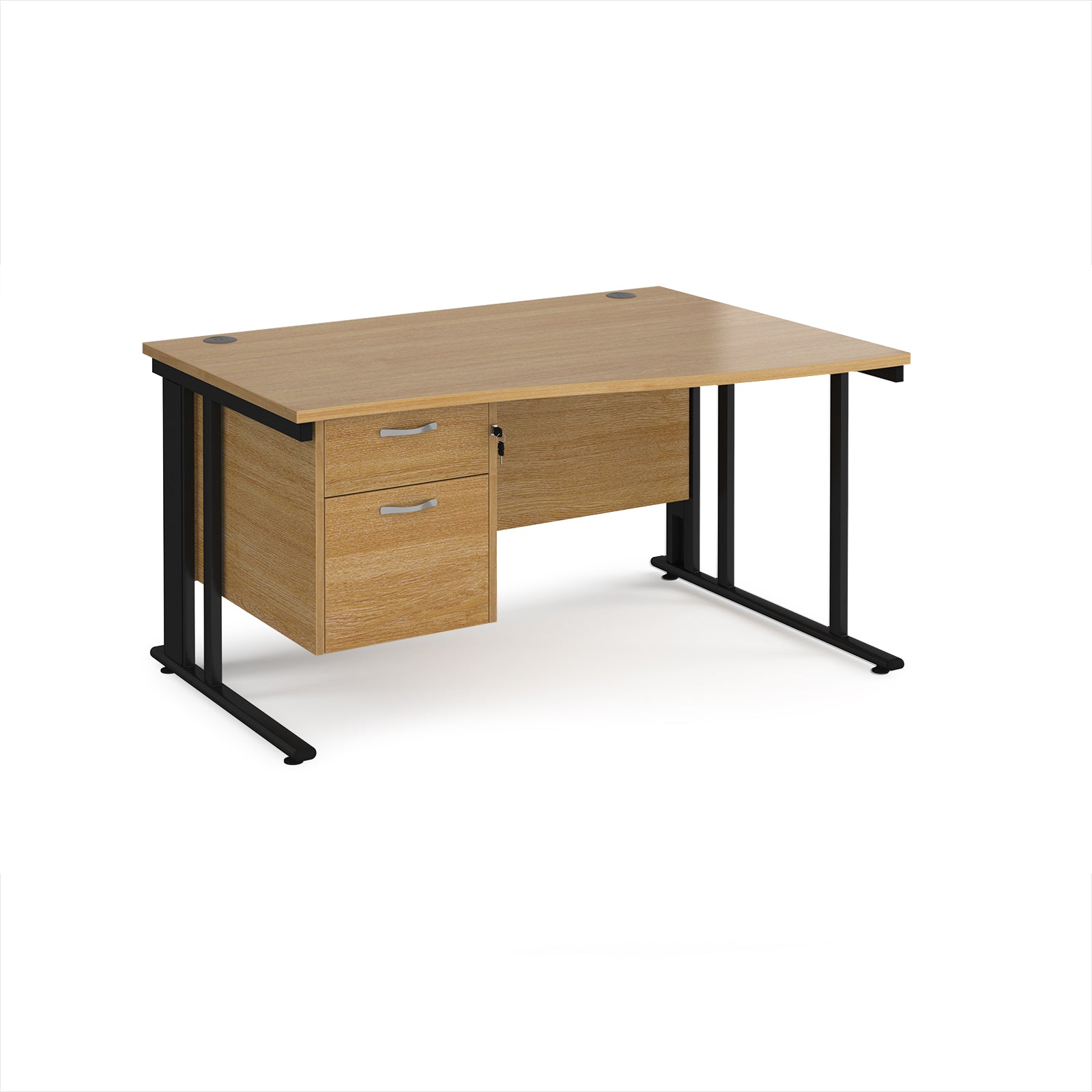 Wave desk with wood-effect top and matching pedestal with black frame on a white background