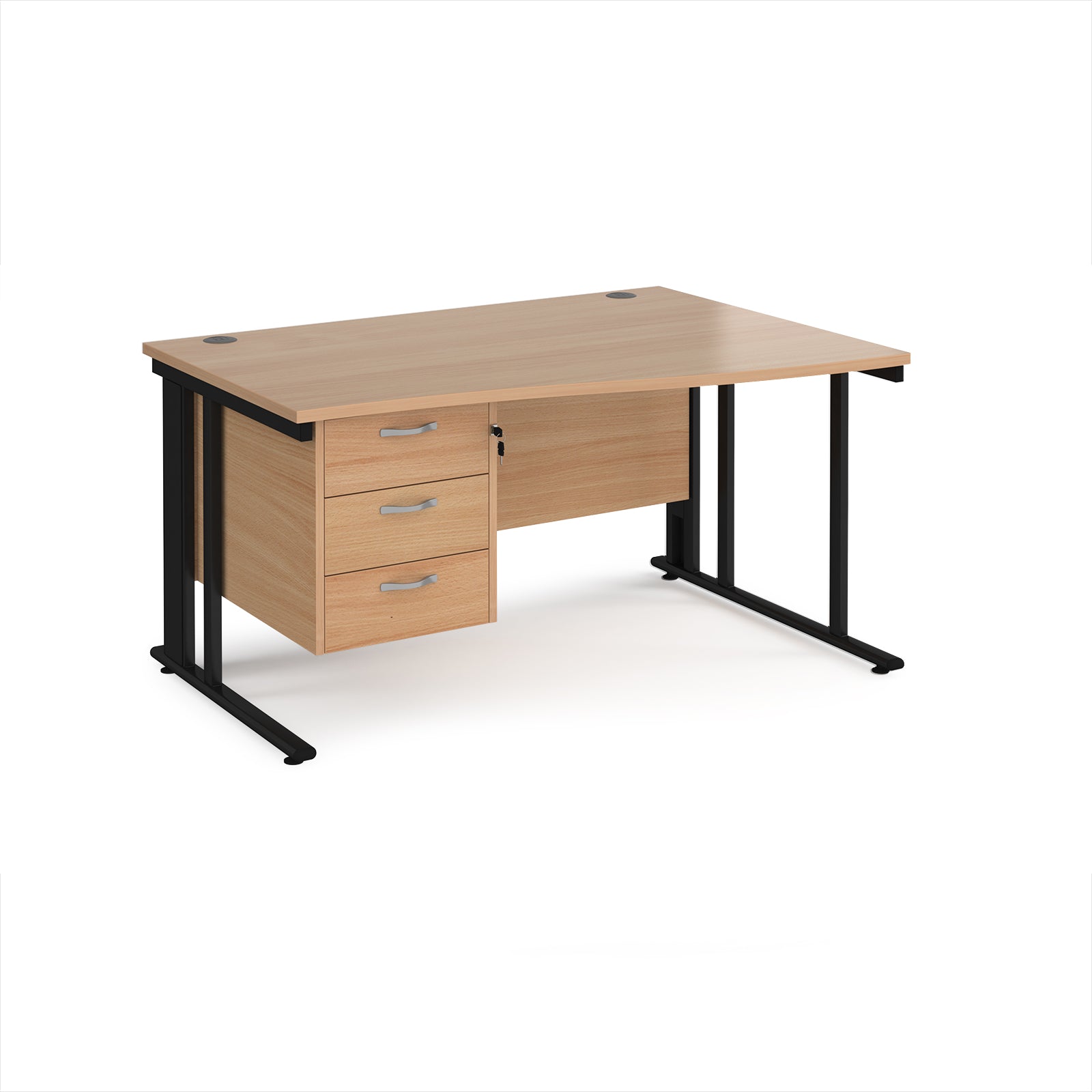 Wave desk with wood-effect top and matching pedestal with black frame on a white background