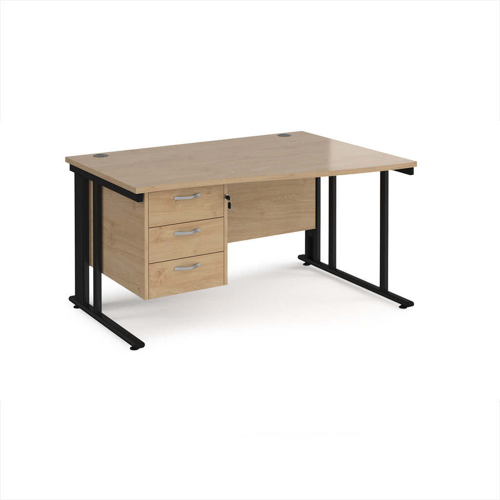 Wave desk with wood-effect top and matching pedestal with black frame on a white background
