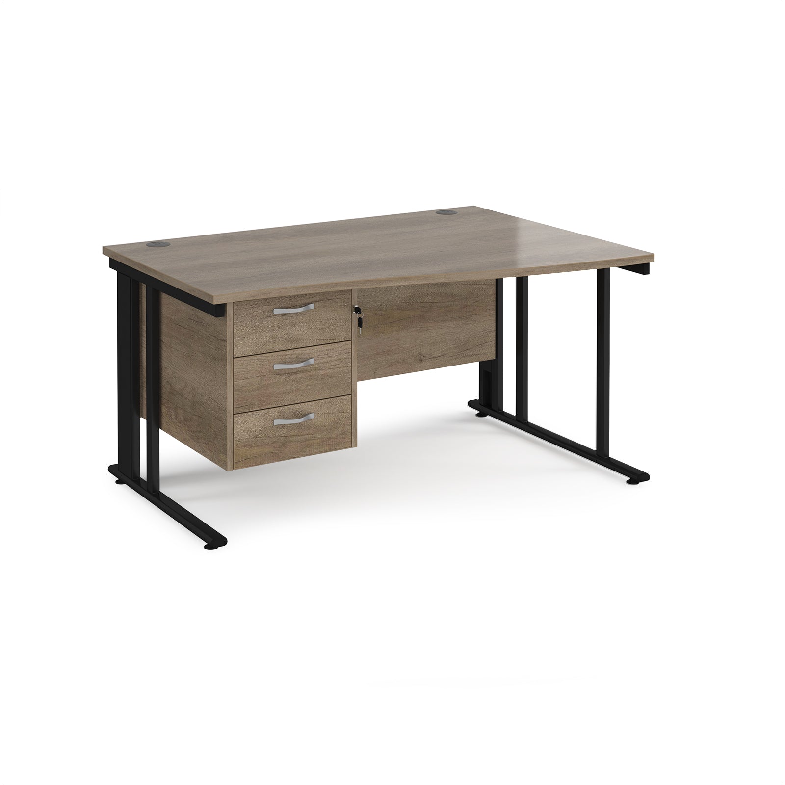 Wave desk with wood-effect top and matching pedestal with black frame on a white background